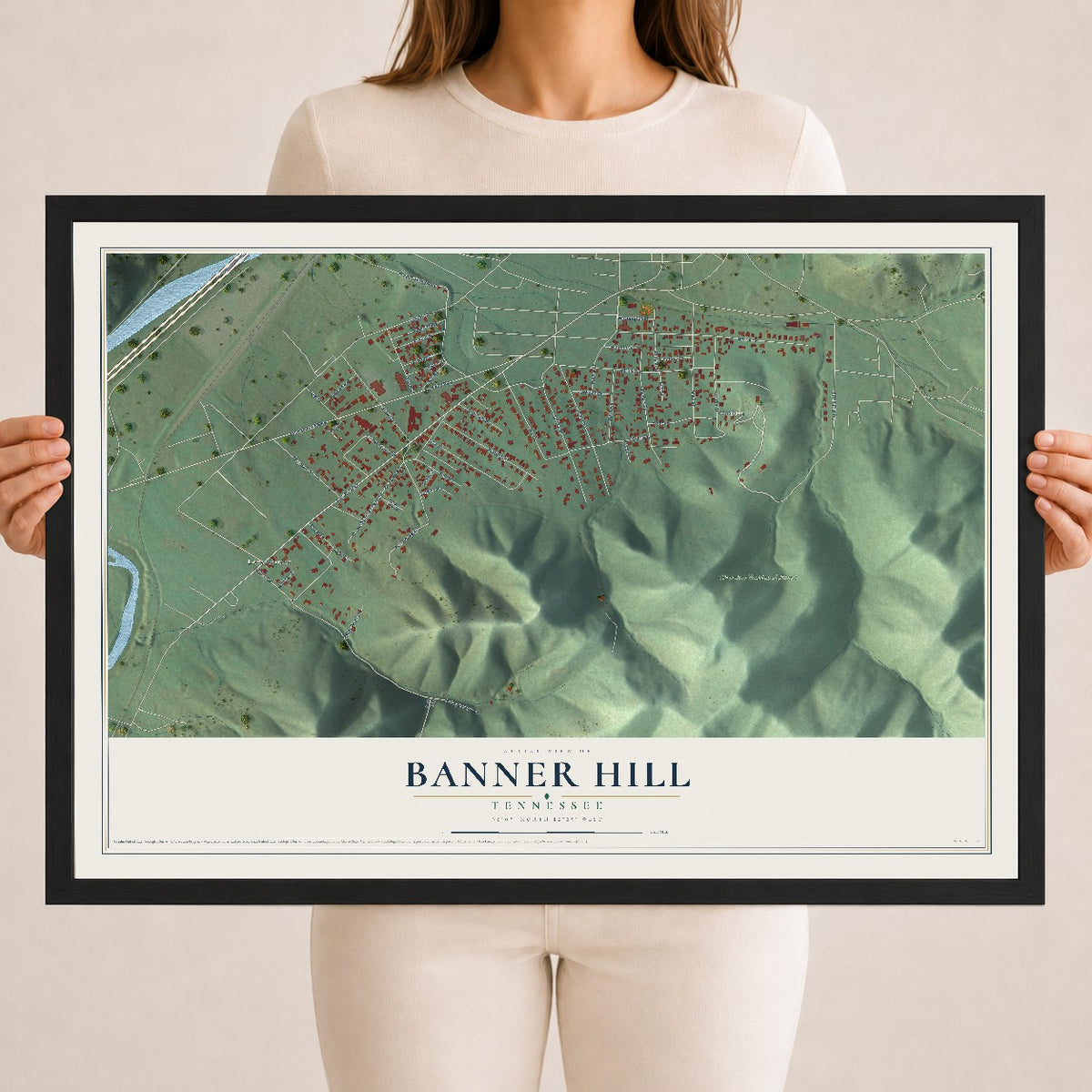 Map of Banner Hill, Tennessee, 18 x 24 inch print in a black wood frame