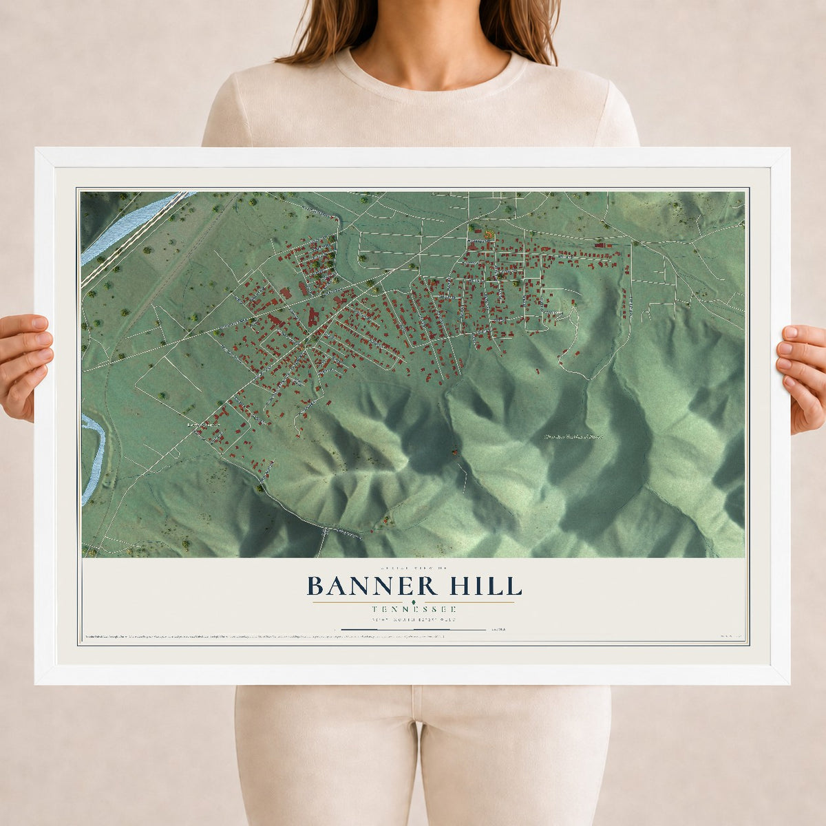 Map of Banner Hill, Tennessee, 18 x 24 inch print in a white wood frame