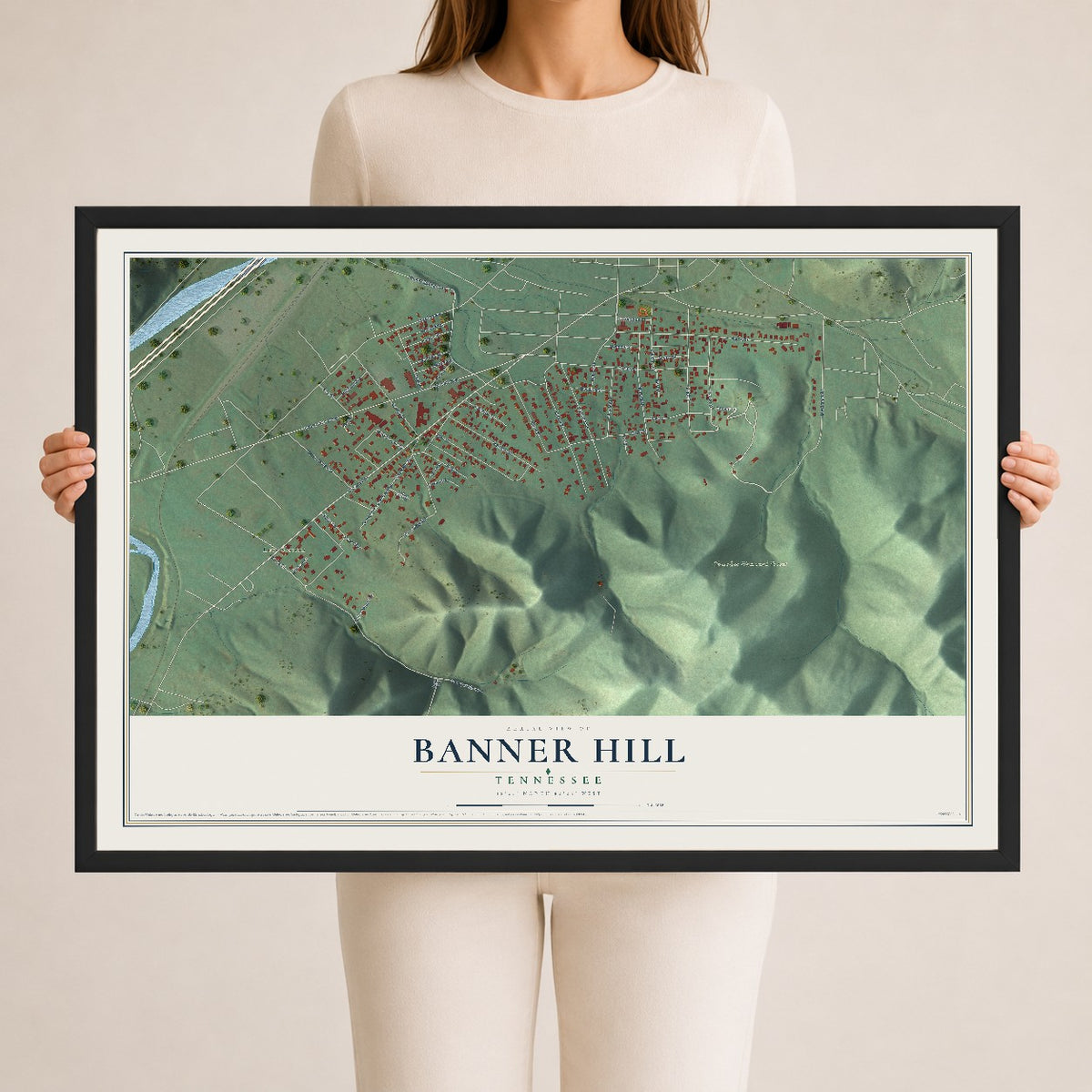 Map of Banner Hill, Tennessee, 24 x 36 inch print in a black wood frame
