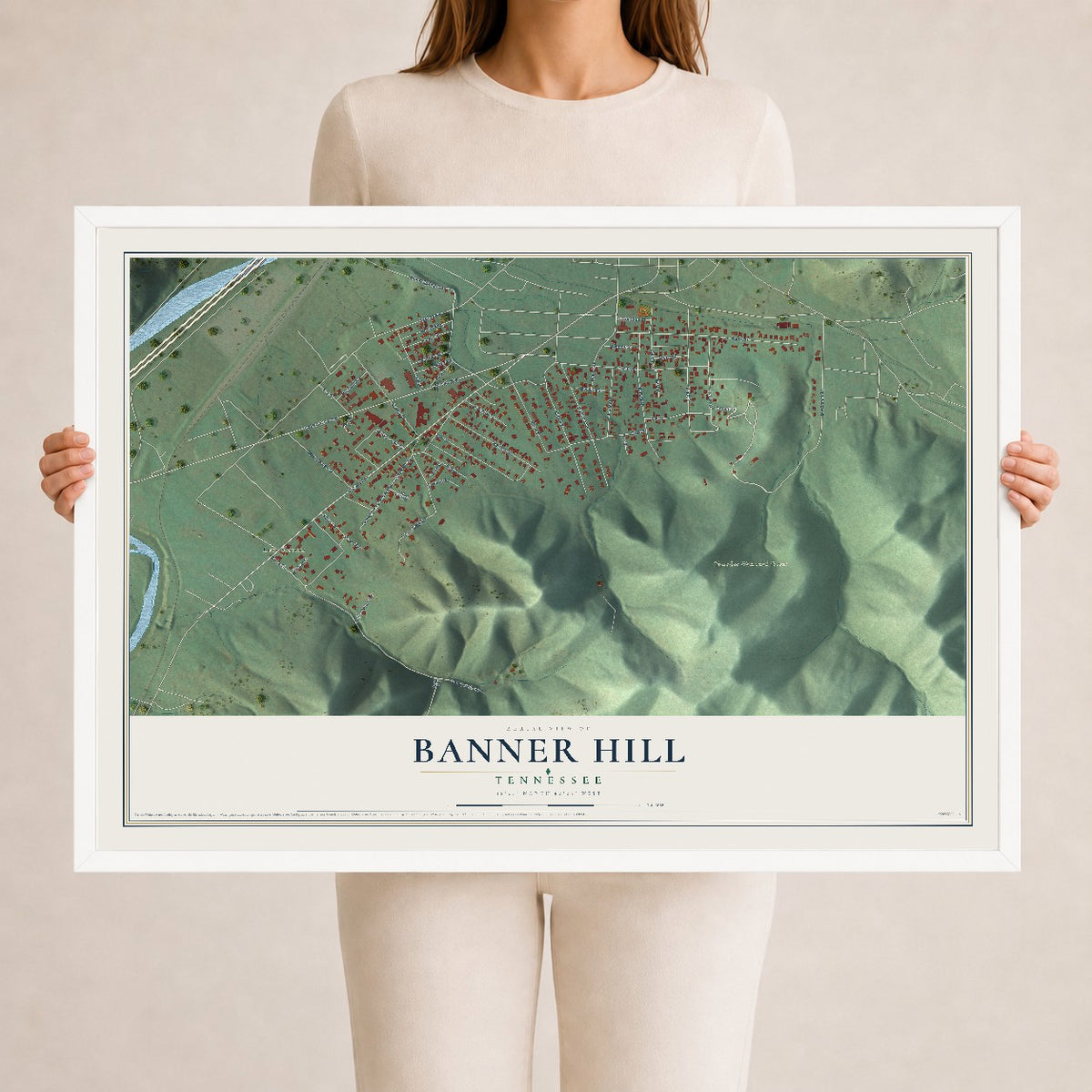 Map of Banner Hill, Tennessee, 24 x 36 inch print in a white wood frame