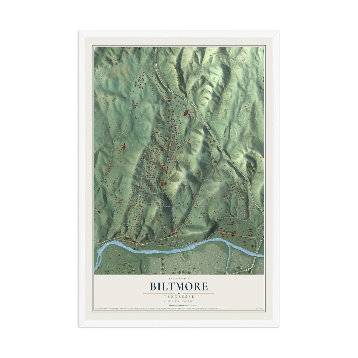 Map of Biltmore, Tennessee, 12 x 18 inch print in a white wood frame
