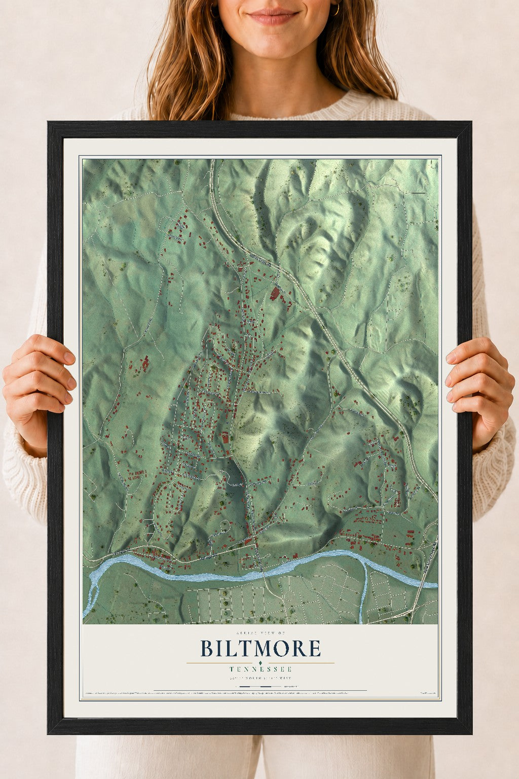 Map of Biltmore, Tennessee, 18 x 24 inch print in a black wood frame