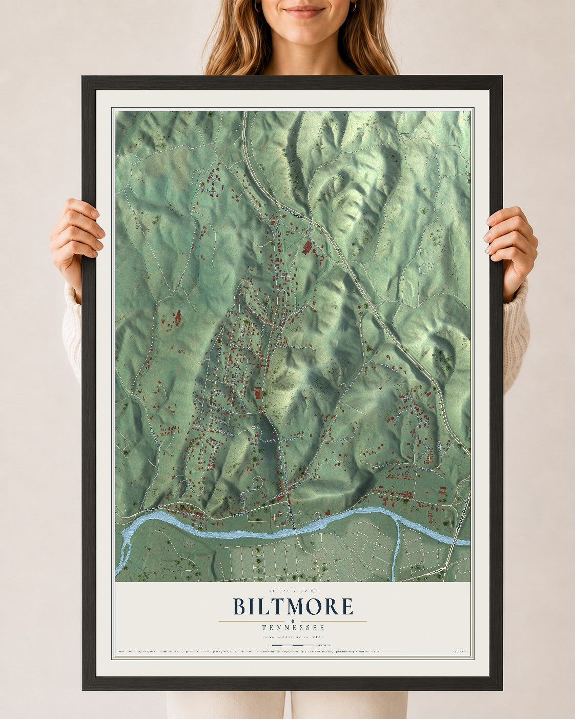 Map of Biltmore, Tennessee, 24 x 36 inch print in a black wood frame