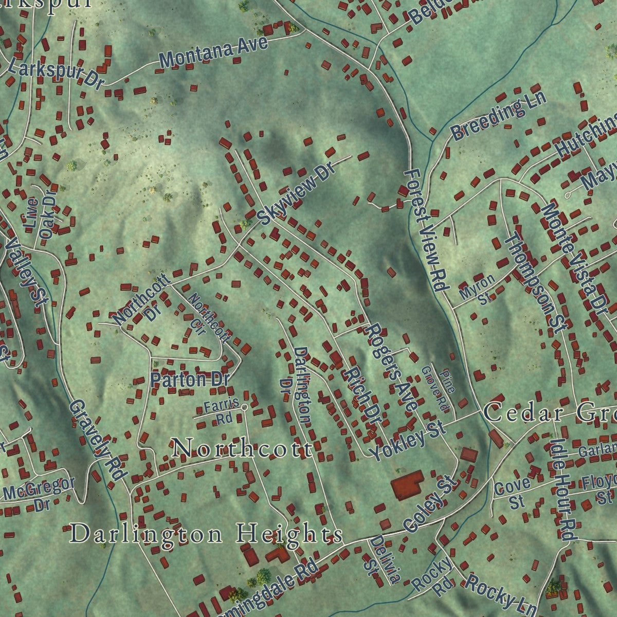 Second close-up of the map of Bloomingdale, Tennessee print showing more streets and buildings