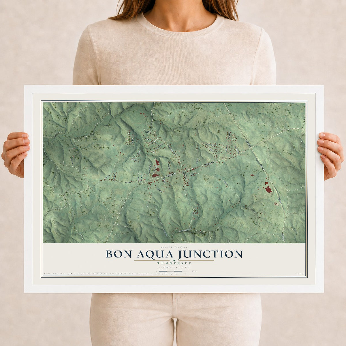 Map of Bon Aqua Junction, Tennessee, 12 x 18 inch print in a white wood frame