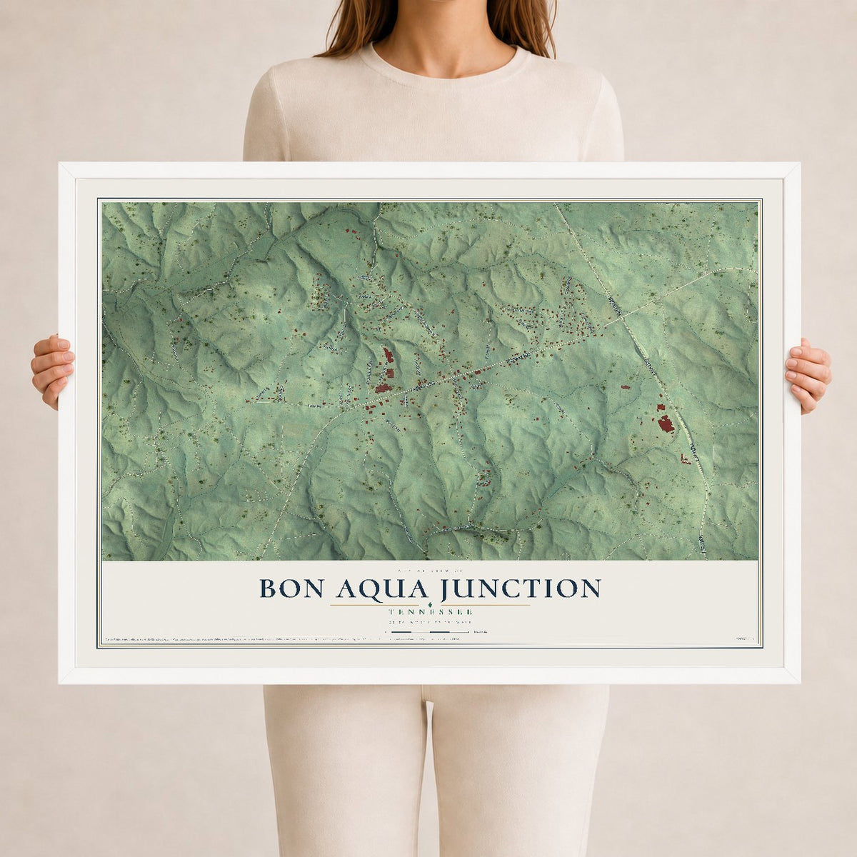 Map of Bon Aqua Junction, Tennessee, 24 x 36 inch print in a white wood frame
