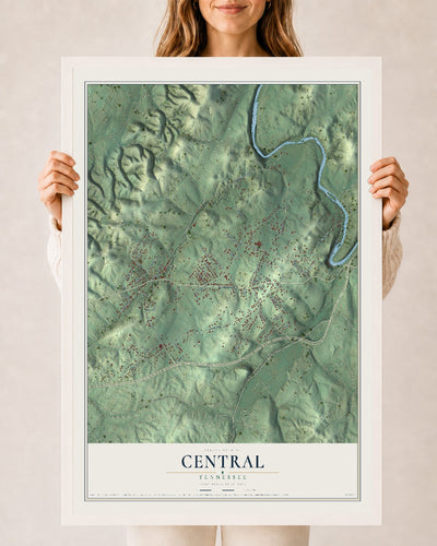 Map of Central, Tennessee, 24 x 36 inch print in a white wood frame