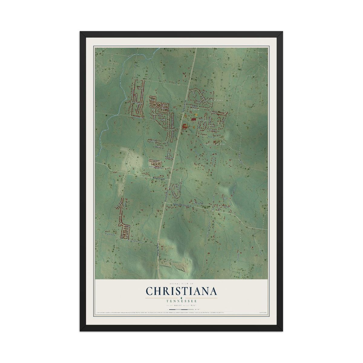 Map of Christiana, Tennessee, 12 x 18 inch print in a black wood frame