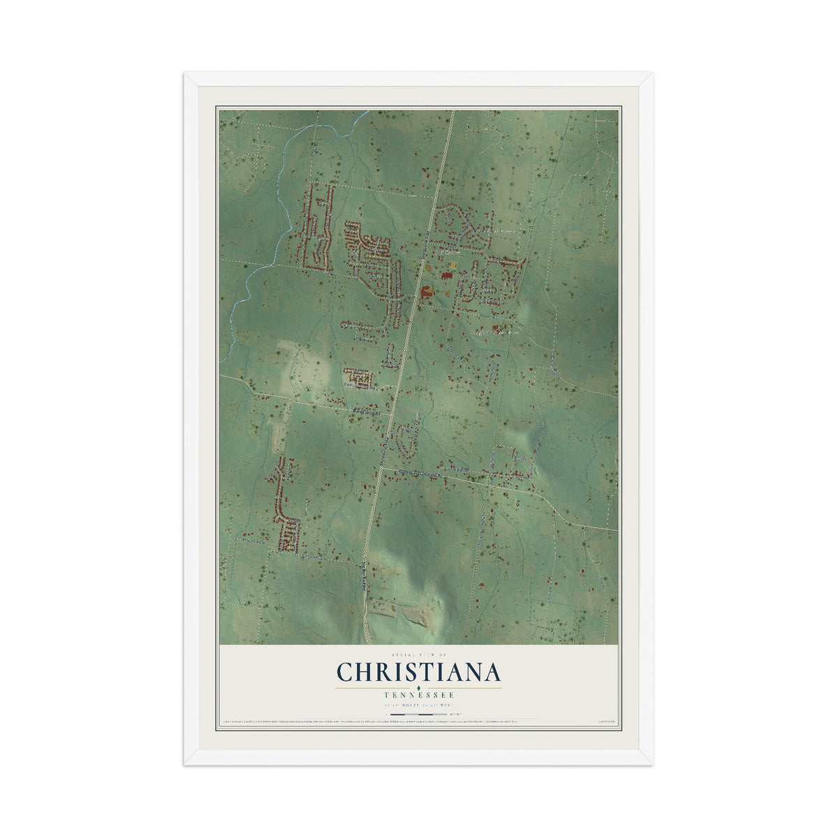 Map of Christiana, Tennessee, 12 x 18 inch print in a white wood frame