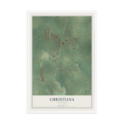 Map of Christiana, Tennessee, 12 x 18 inch print in a white wood frame