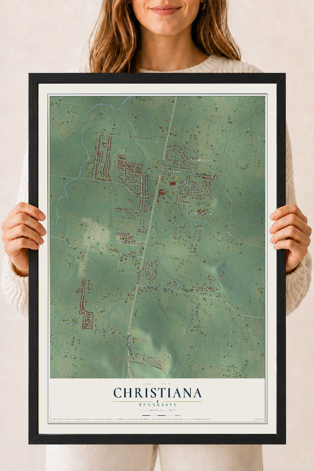 Map of Christiana, Tennessee, 18 x 24 inch print in a black wood frame
