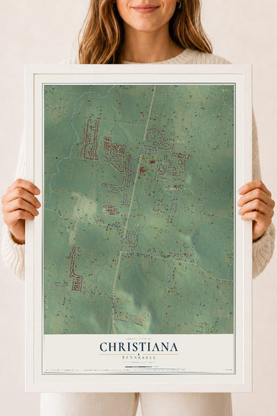 Map of Christiana, Tennessee, 18 x 24 inch print in a white wood frame