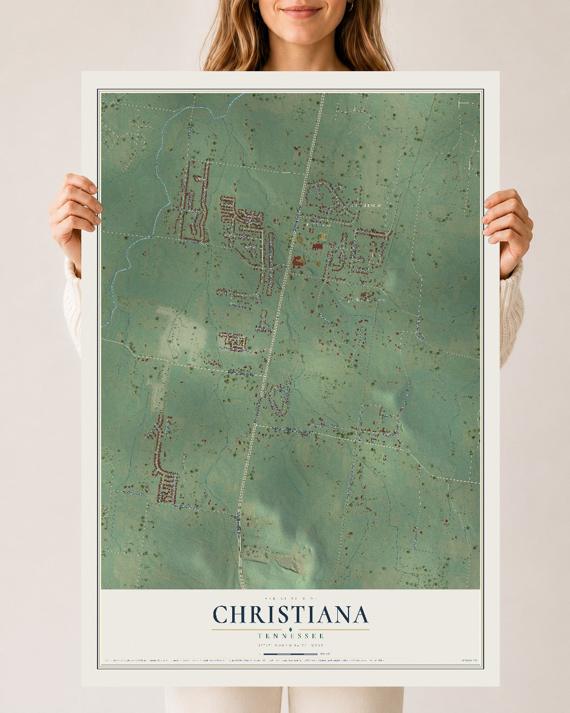 Map of Christiana, Tennessee, 24 x 36 inch unframed archival matte print