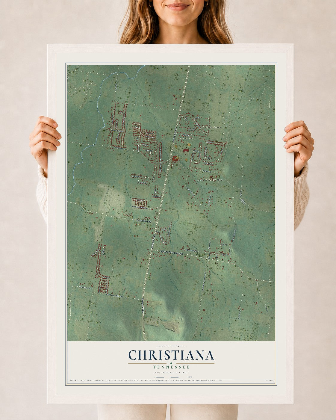 Map of Christiana, Tennessee, 24 x 36 inch print in a white wood frame