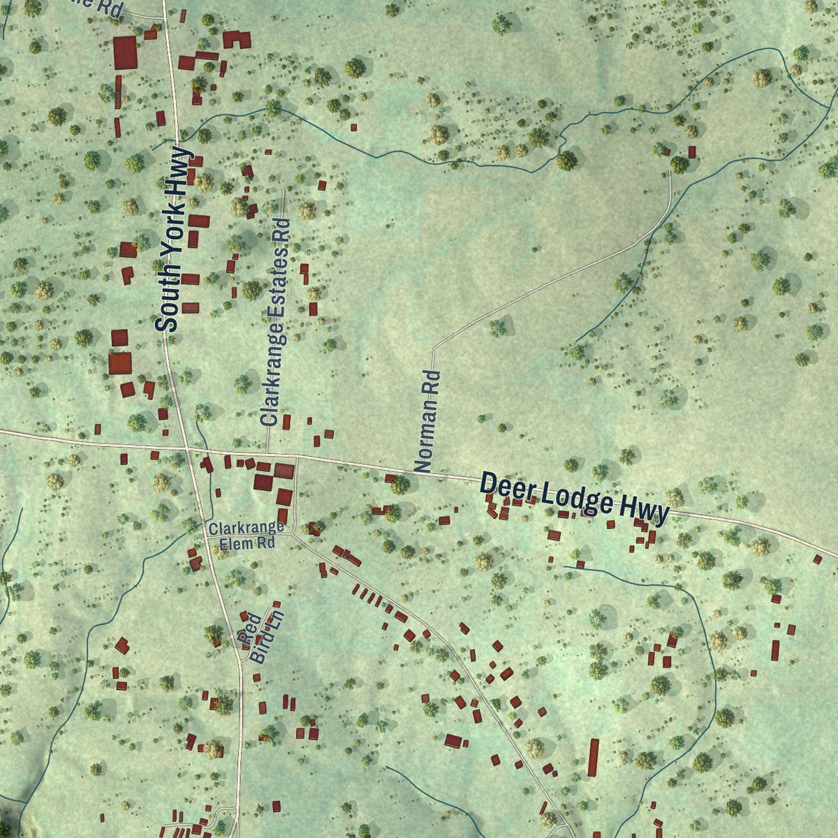Close-up of the map of Clarkrange, Tennessee print showing street and building detail