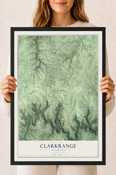 Map of Clarkrange, Tennessee, 18 x 24 inch print in a black wood frame