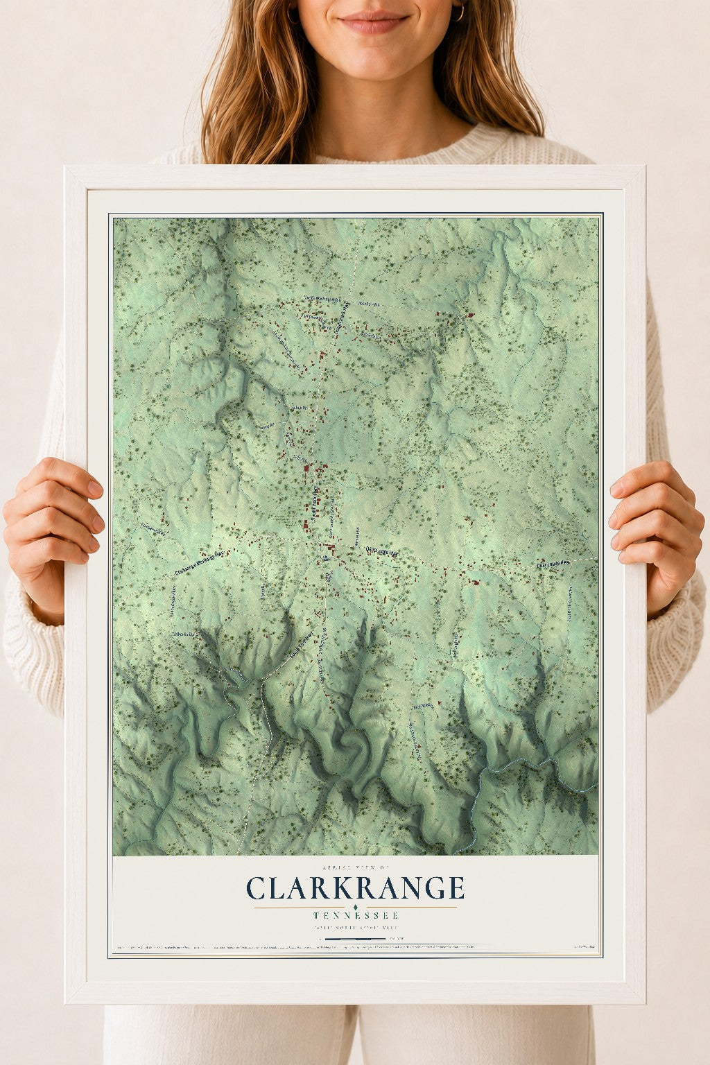 Map of Clarkrange, Tennessee, 18 x 24 inch print in a white wood frame