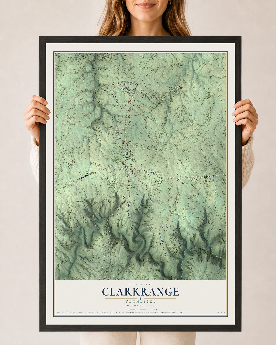 Map of Clarkrange, Tennessee, 24 x 36 inch print in a black wood frame