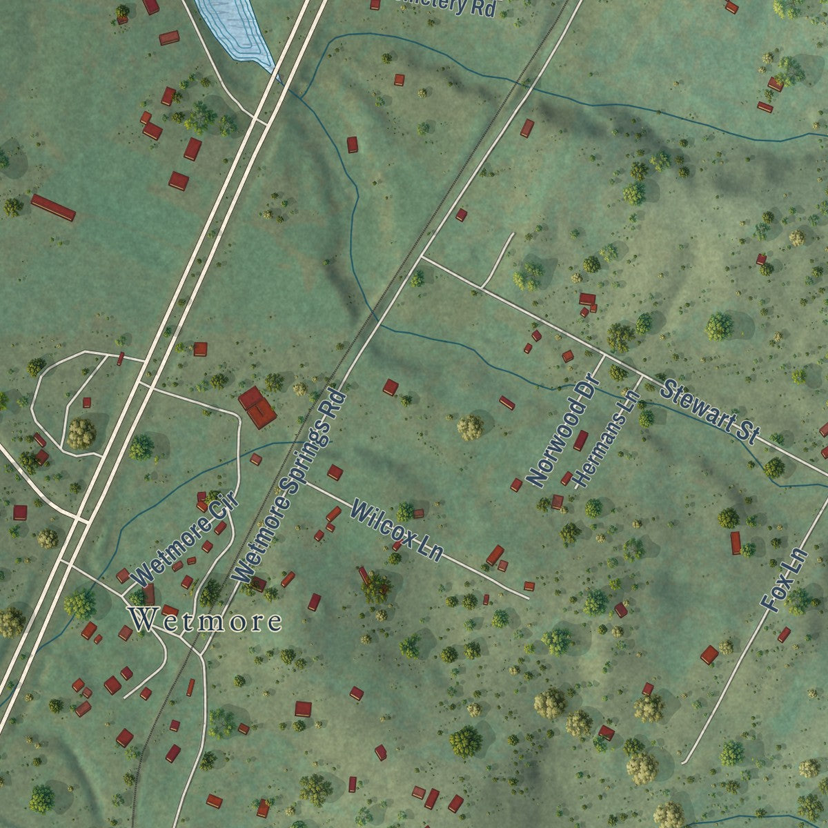 Close-up of the map of Delano, Tennessee print showing street and building detail