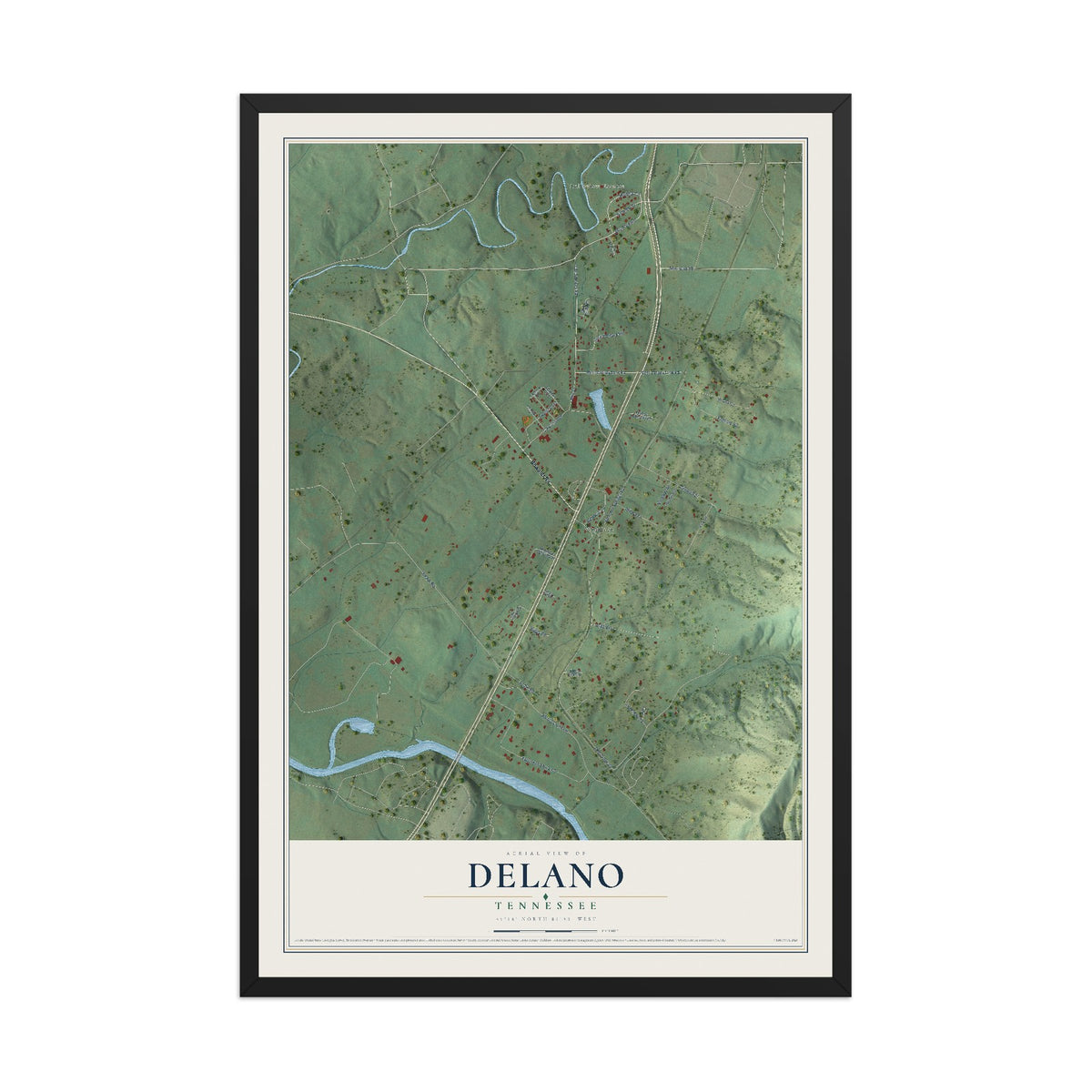 Map of Delano, Tennessee, 12 x 18 inch print in a black wood frame