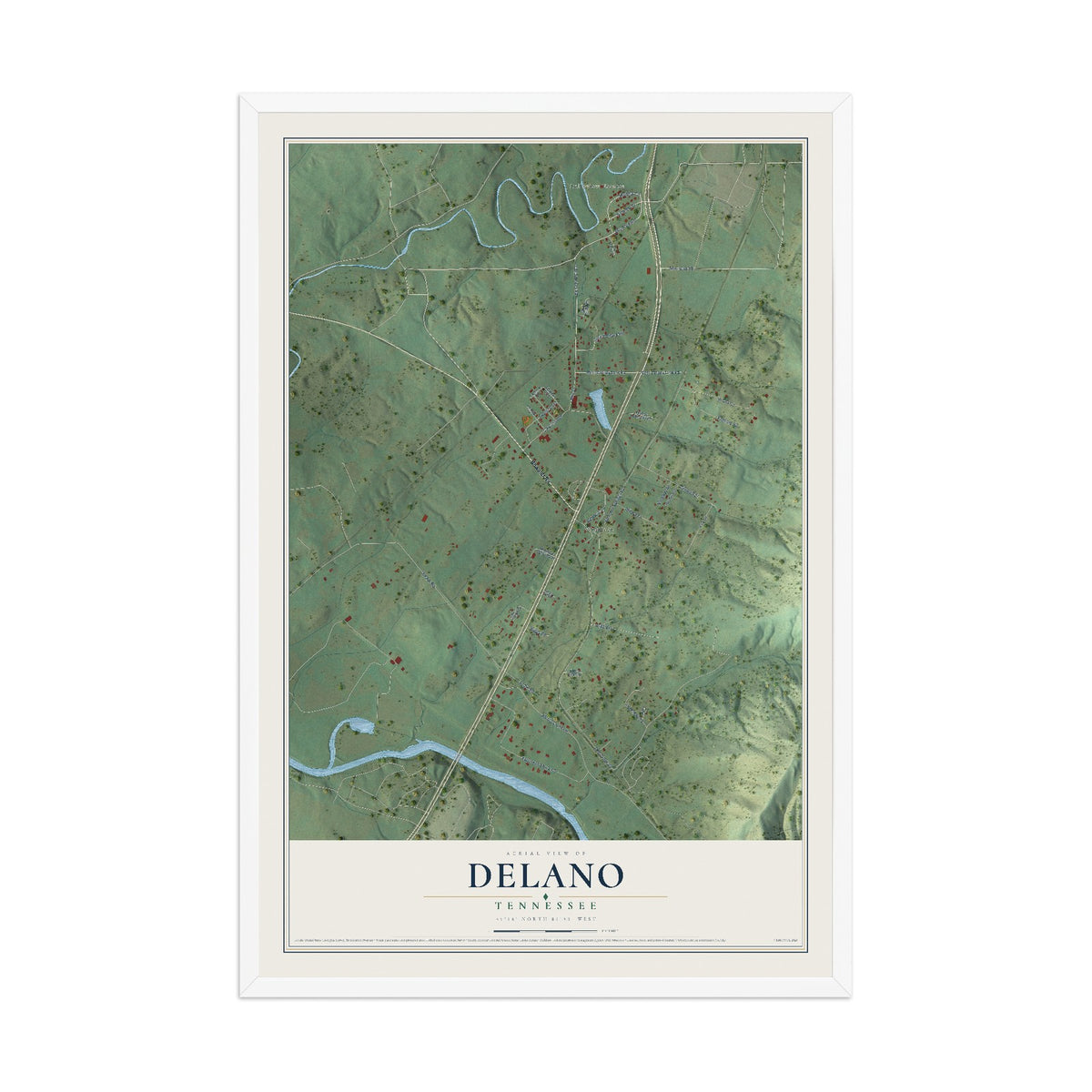 Map of Delano, Tennessee, 12 x 18 inch print in a white wood frame