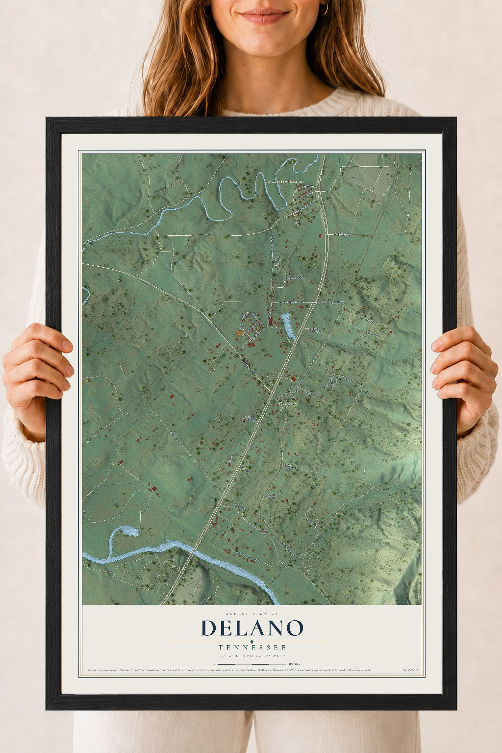 Map of Delano, Tennessee, 18 x 24 inch print in a black wood frame