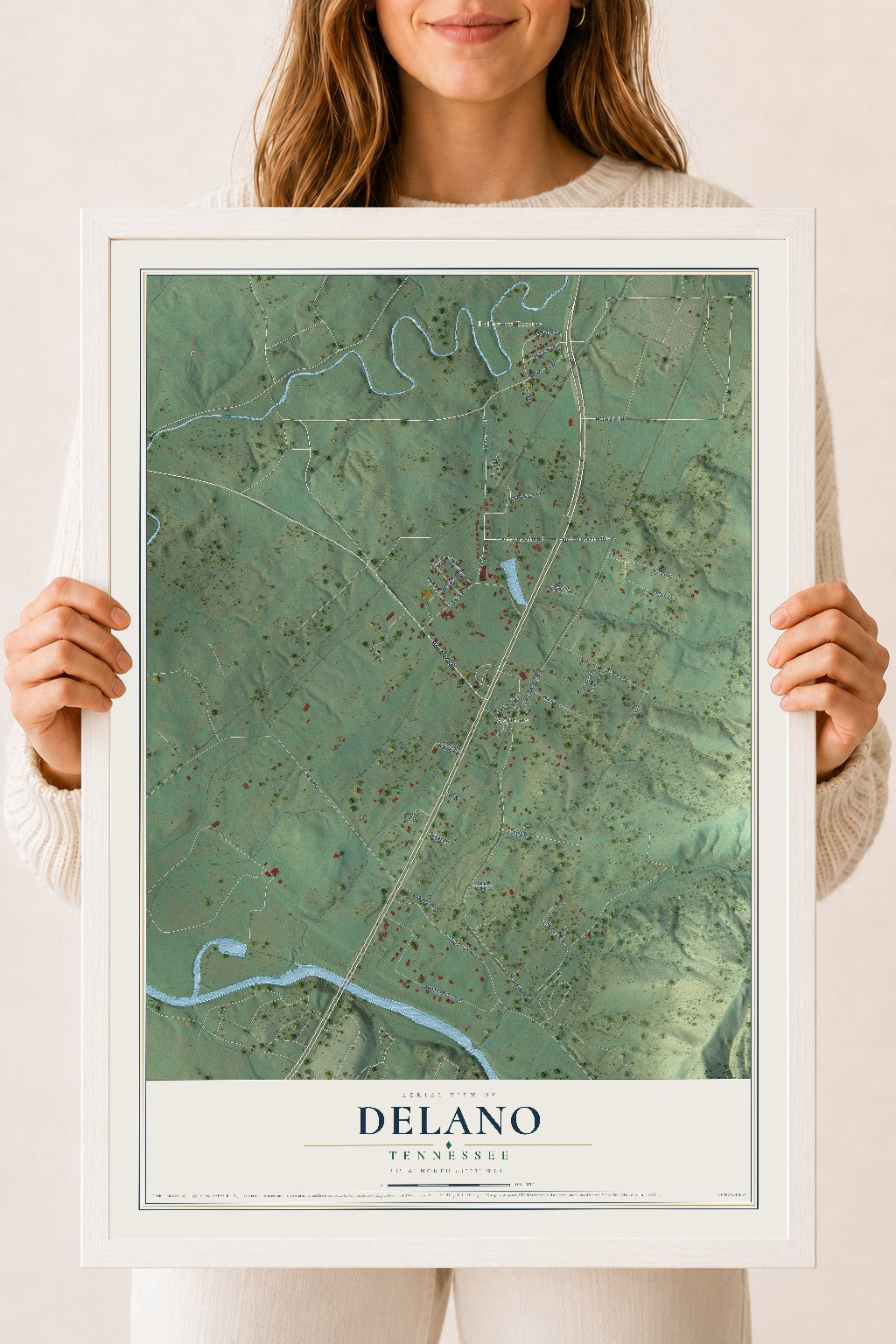 Map of Delano, Tennessee, 18 x 24 inch print in a white wood frame