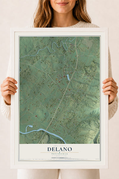 Map of Delano, Tennessee, 18 x 24 inch print in a white wood frame
