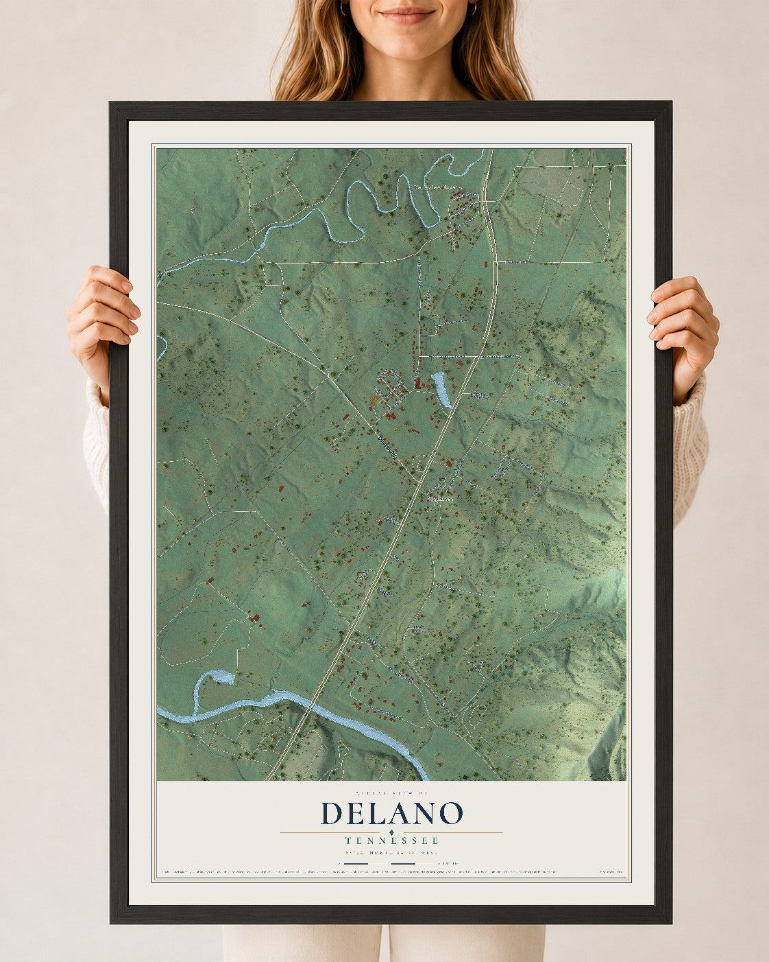 Map of Delano, Tennessee, 24 x 36 inch print in a black wood frame