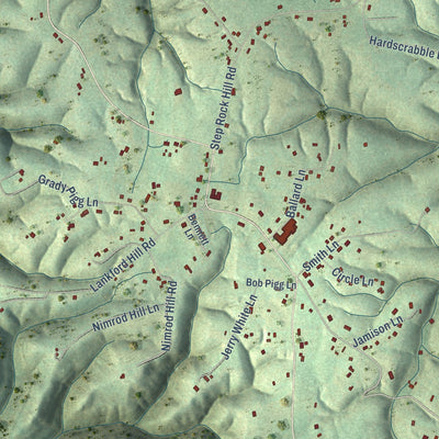 Close-up of the map of Dodson Branch, Tennessee print showing street and building detail