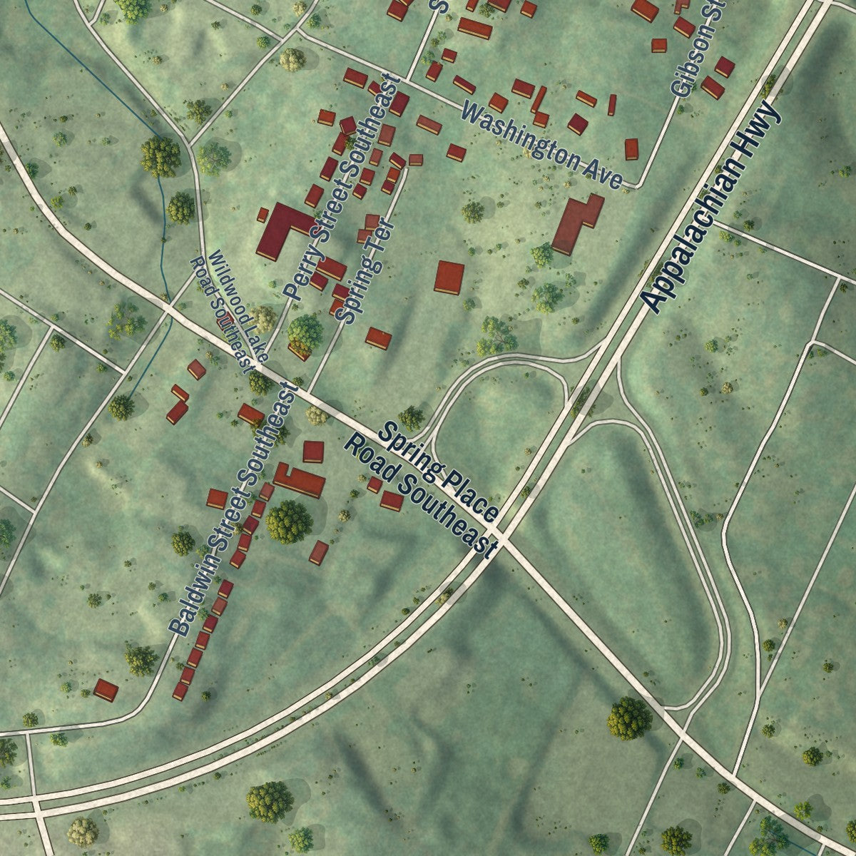 Second close-up of the map of East Cleveland, Tennessee print showing more streets and buildings