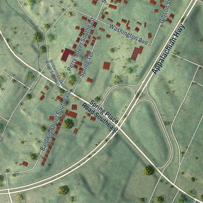 Second close-up of the map of East Cleveland, Tennessee print showing more streets and buildings
