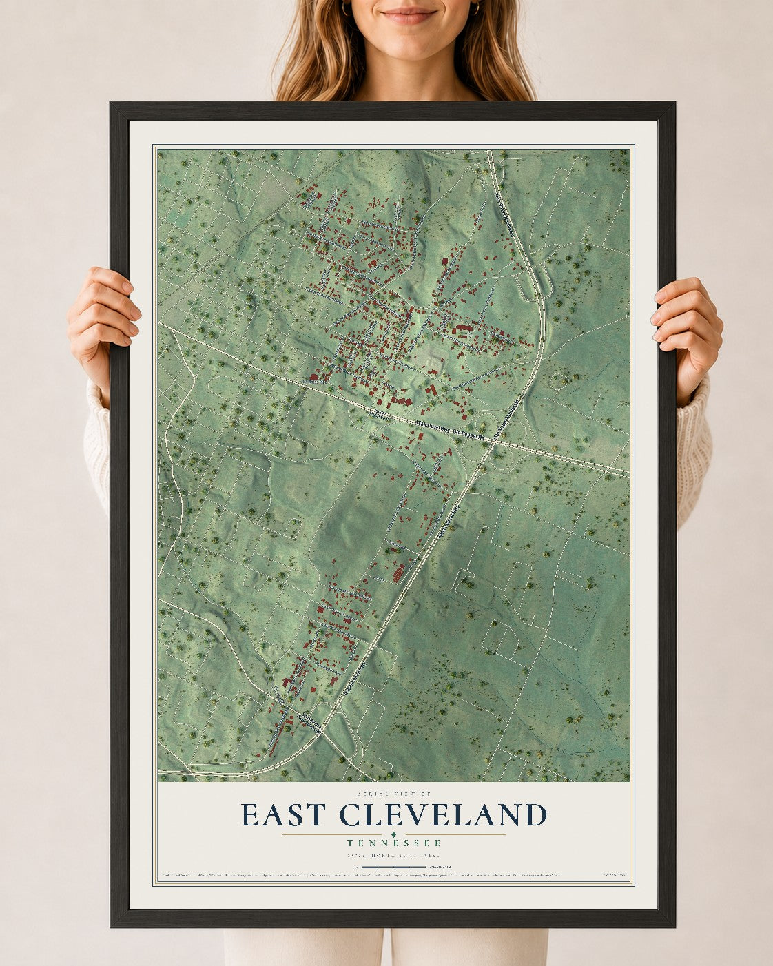 Map of East Cleveland, Tennessee, 24 x 36 inch print in a black wood frame
