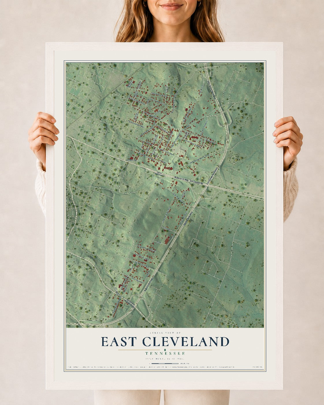 Map of East Cleveland, Tennessee, 24 x 36 inch print in a white wood frame