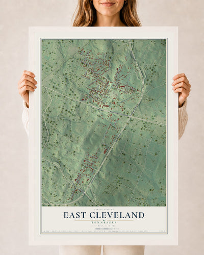 Map of East Cleveland, Tennessee, 24 x 36 inch print in a white wood frame