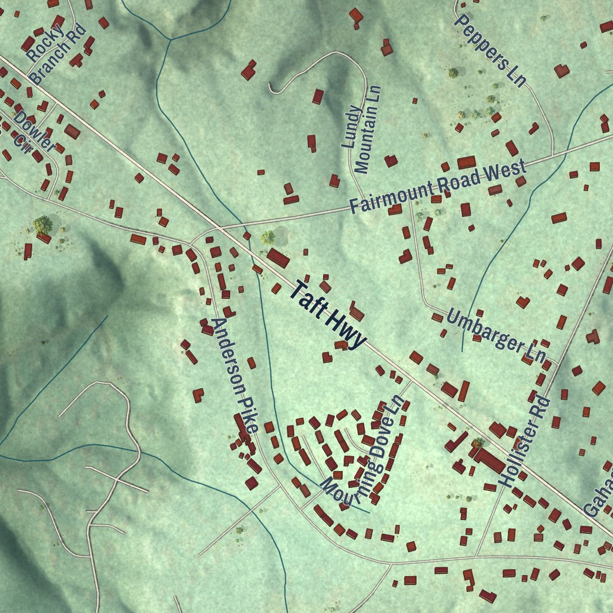 Close-up of the map of Fairmount, Tennessee print showing street and building detail