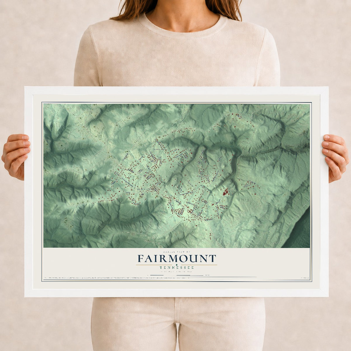 Map of Fairmount, Tennessee, 12 x 18 inch print in a white wood frame