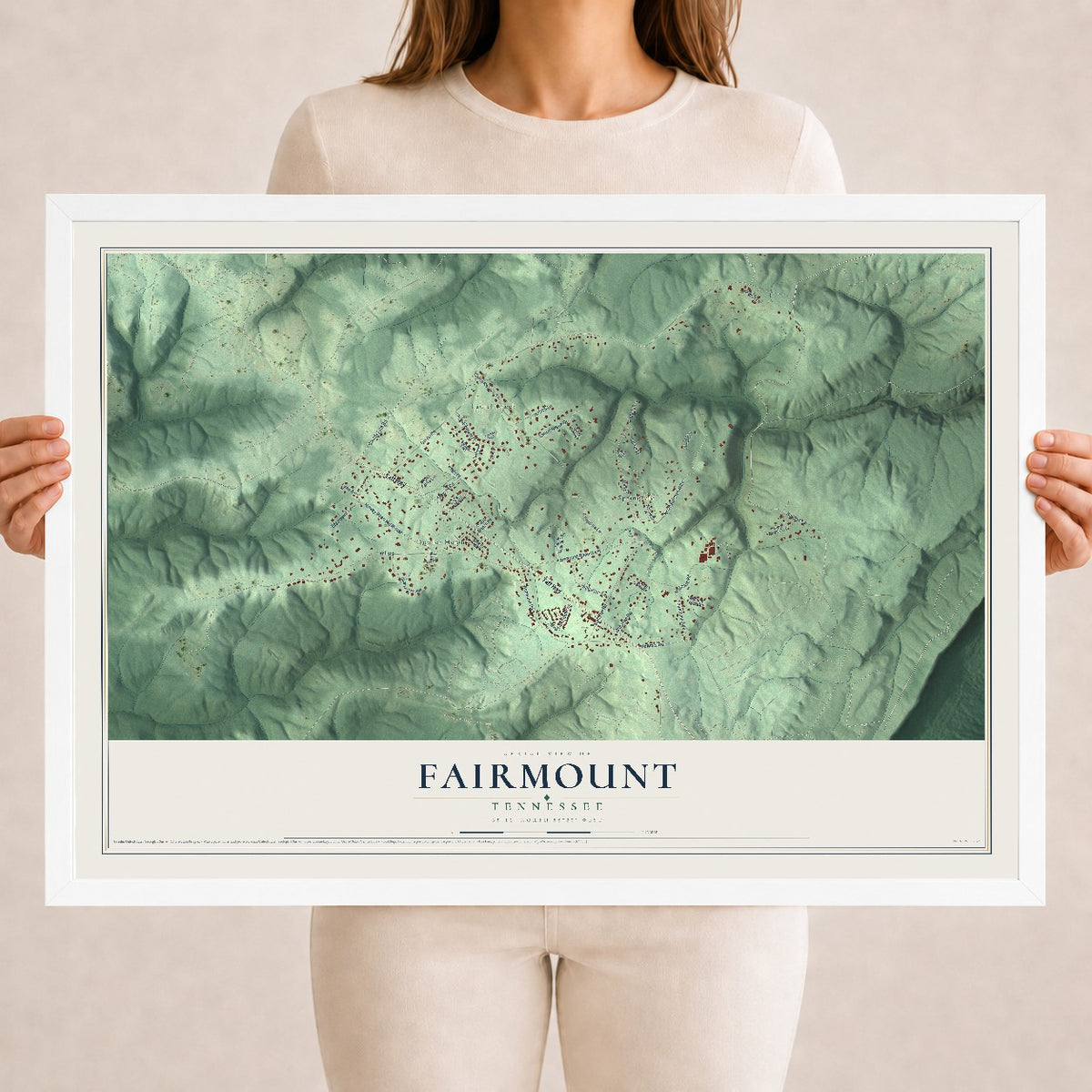 Map of Fairmount, Tennessee, 18 x 24 inch print in a white wood frame