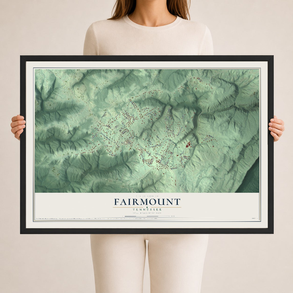 Map of Fairmount, Tennessee, 24 x 36 inch print in a black wood frame