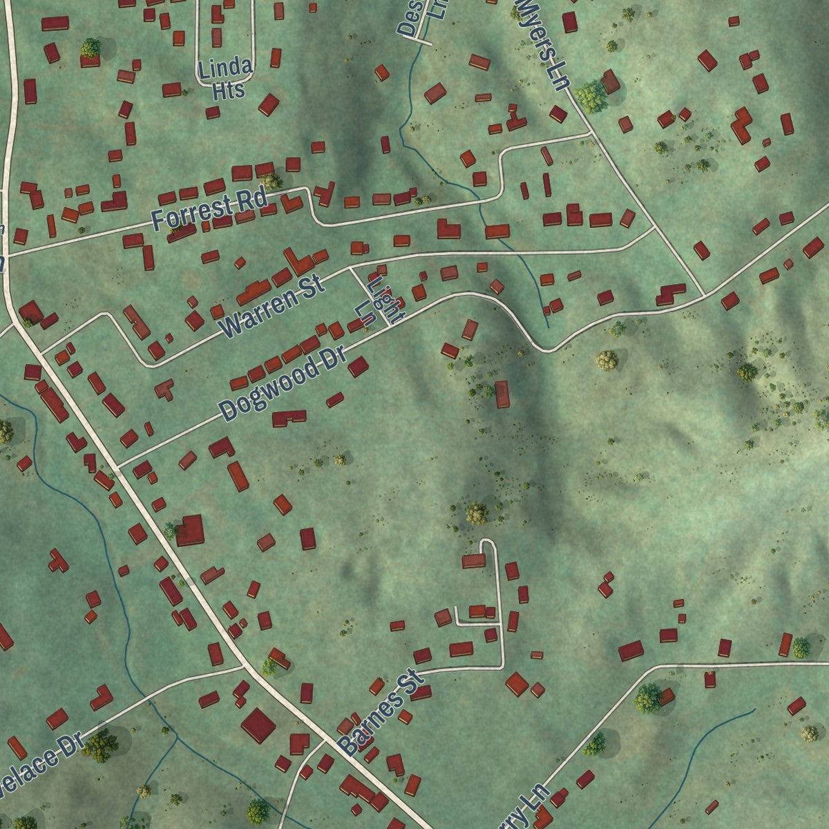 Close-up of the map of Fall Branch, Tennessee print showing street and building detail