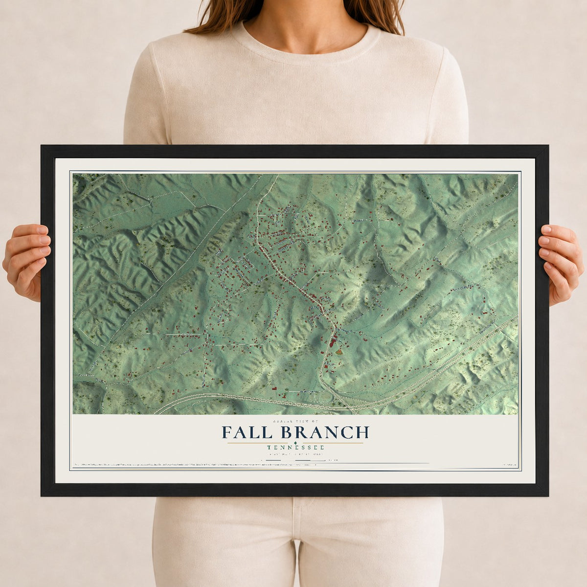 Map of Fall Branch, Tennessee, 12 x 18 inch print in a black wood frame