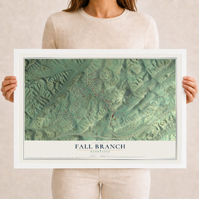 Map of Fall Branch, Tennessee, 12 x 18 inch print in a white wood frame