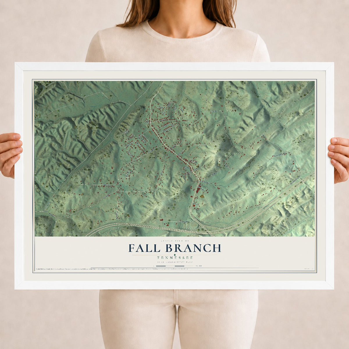 Map of Fall Branch, Tennessee, 18 x 24 inch print in a white wood frame