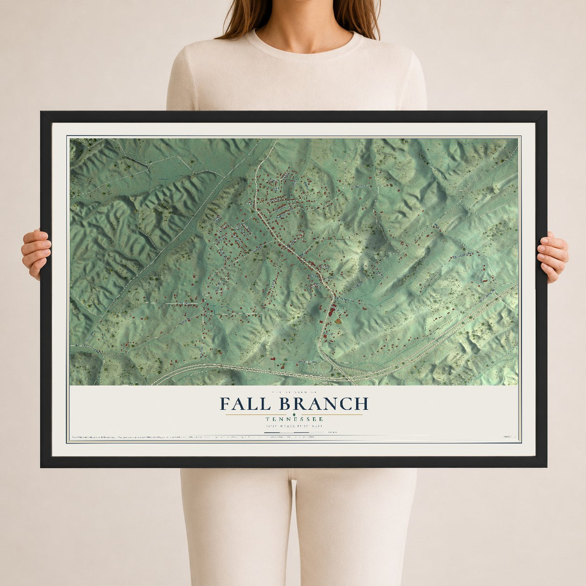 Map of Fall Branch, Tennessee, 24 x 36 inch print in a black wood frame