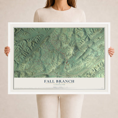 Map of Fall Branch, Tennessee, 24 x 36 inch print in a white wood frame