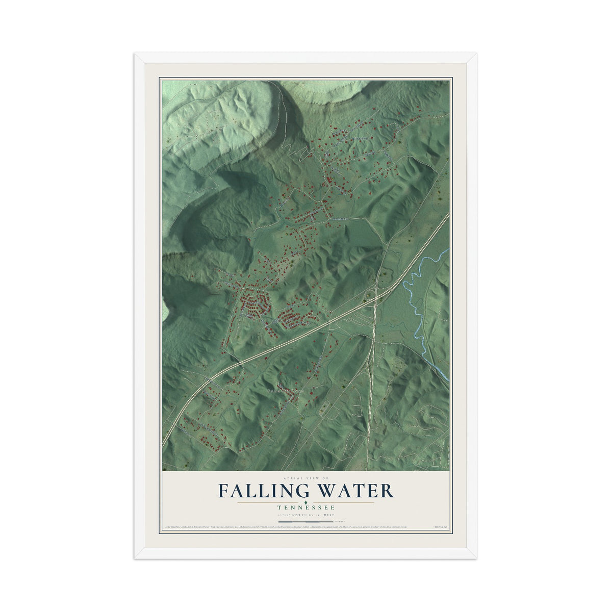 Map of Falling Water, Tennessee, 12 x 18 inch print in a white wood frame