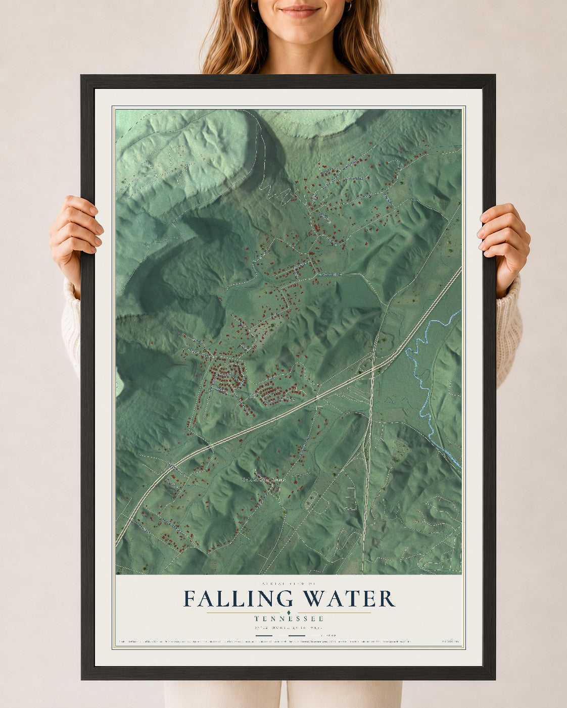Map of Falling Water, Tennessee, 24 x 36 inch print in a black wood frame