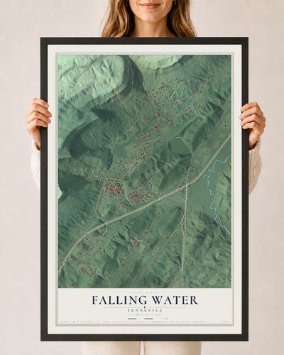 Map of Falling Water, Tennessee, 24 x 36 inch print in a black wood frame