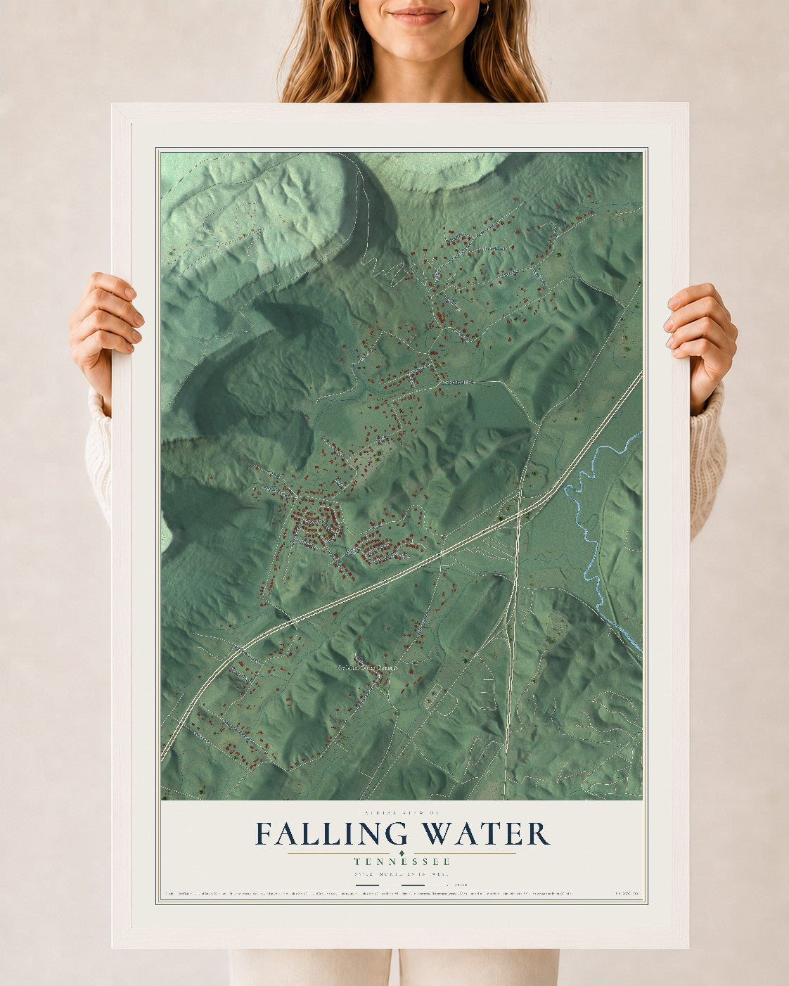 Map of Falling Water, Tennessee, 24 x 36 inch print in a white wood frame