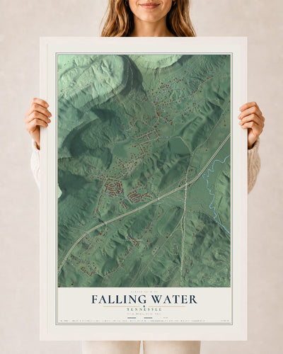 Map of Falling Water, Tennessee, 24 x 36 inch print in a white wood frame